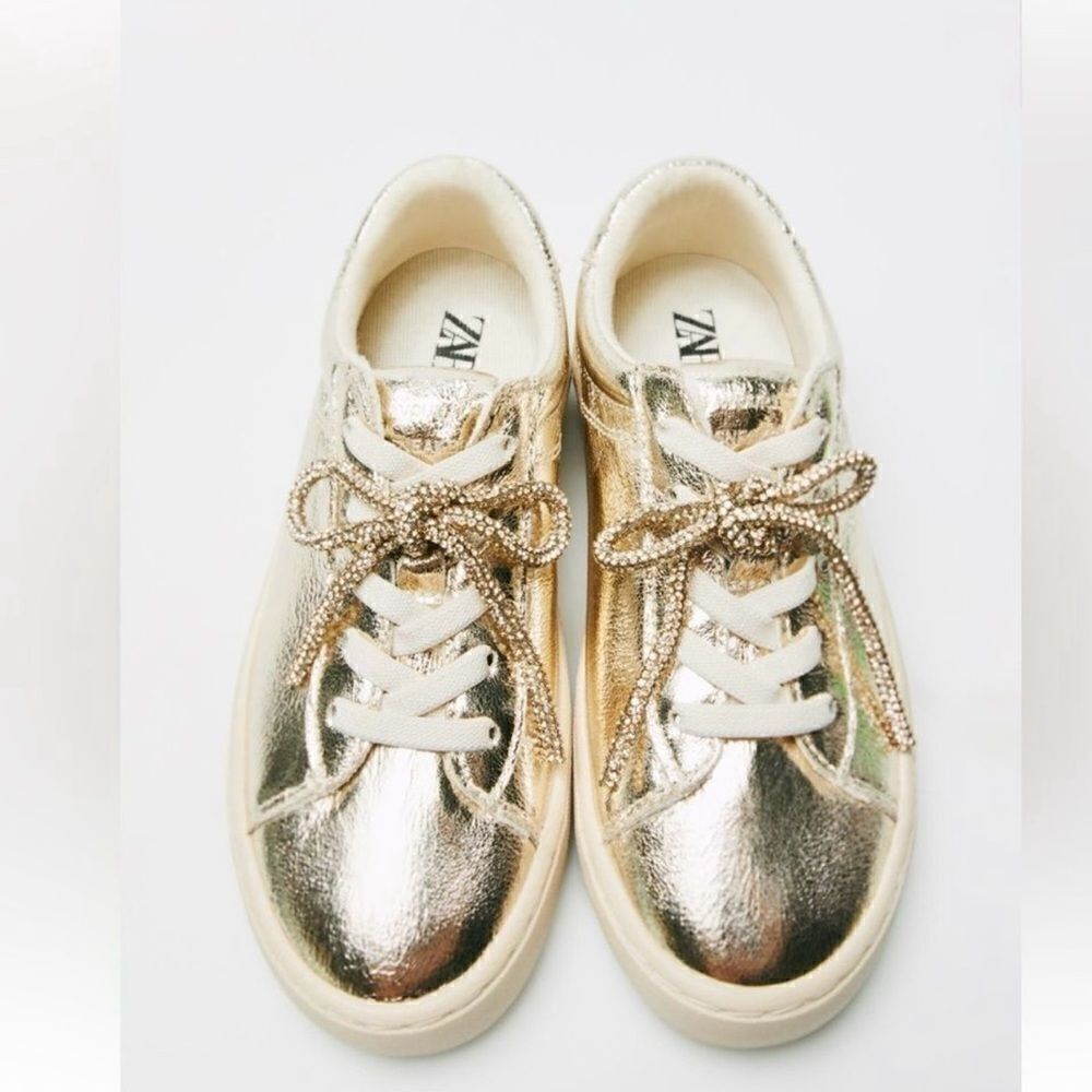 Zara Metallic Gold tone Lace up Sneakers(Size 4)